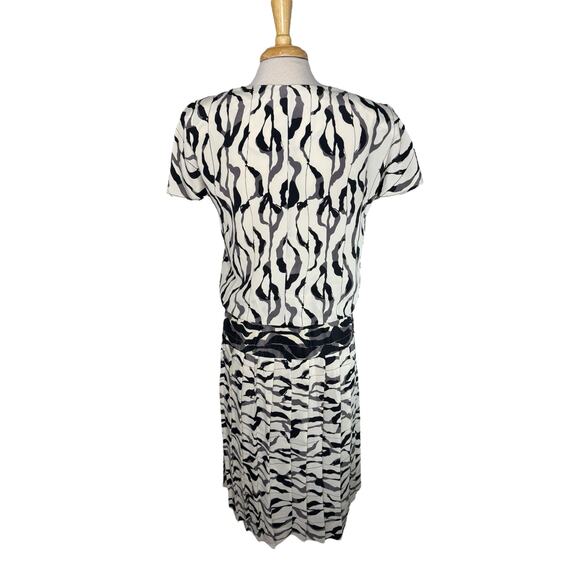 Vintage 80s Ivory Black Gray Pleated Art Print Midi Dress Size 7/8 PERCEPTIONS - Picture 3 of 10